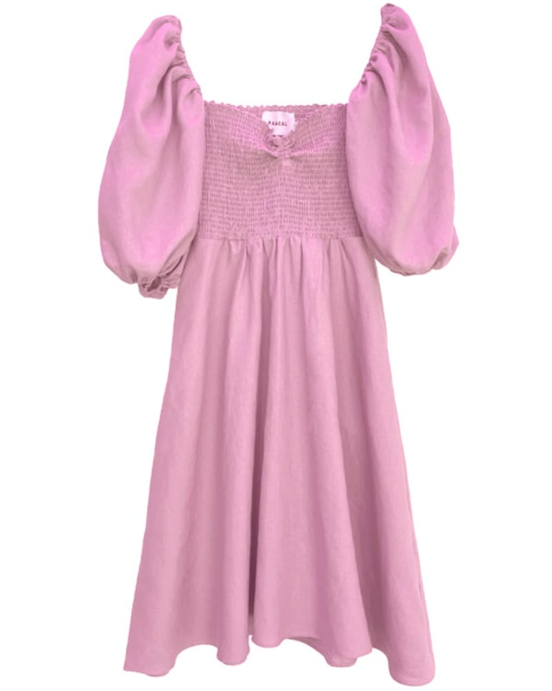Front of a size 2 The Colette Linen On or Off the Shoulder Dress in Pink in Spring Pink by BAACAL. | dia_product_style_image_id:296131